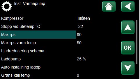 Inställningsmeny för värmepump med värden för kompressor, max varvtal och temperaturgränser.