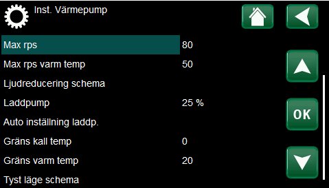 Skärmdump av inställningsmenyn för en värmepumpscontroller med parametrar som max rpm, max varm temp, och ljudreducering.