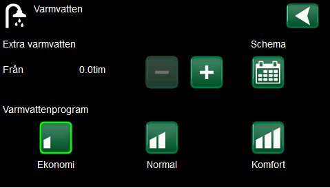 Skärmbild av värmepumpens användargränssnitt med inställningar för varmvattenprogram: Ekonomi, Normal, Komfort.