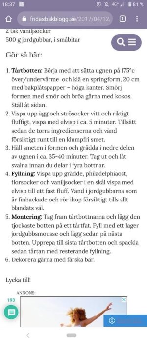 Skärmbild av ett recept på en blogg med en kvinna som sträcker sig mot himlen i en annons under texten.