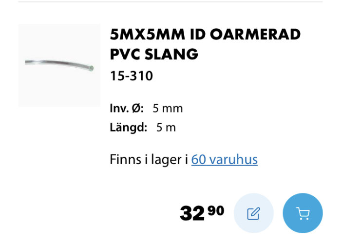 Transparent PVC-slang med 5 mm innerdiameter och 5 meters längd, etiketterad med produktdetaljer.