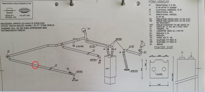 Teknisk ritning av ventilationssystem med identifierade komponenter och anslutningar.