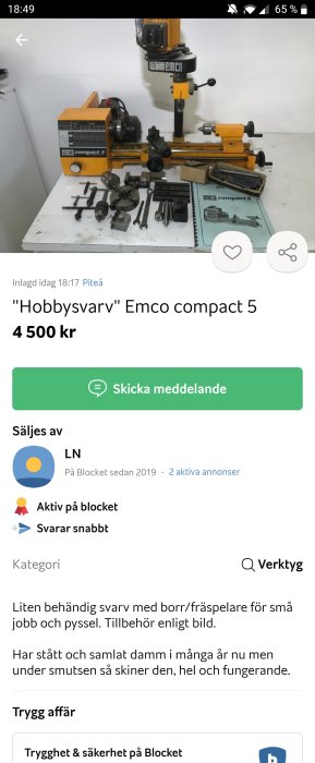 Emco Compact 5 hobbysvarv med tillbehör och borr/fräsenhet, använd och i fungerande skick.