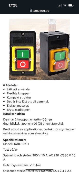 Industriell strömbrytare med en grön på-knapp och en röd av-knapp mot en suddig bakgrund.