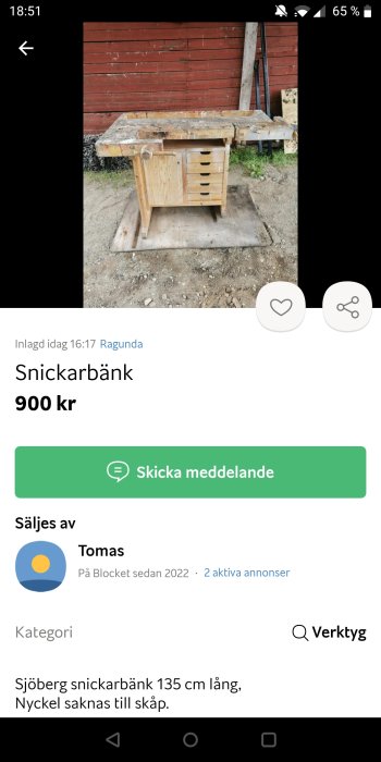 Använd Sjöbergs snickarbänk framför röd vägg, saknar nyckel till skåp.