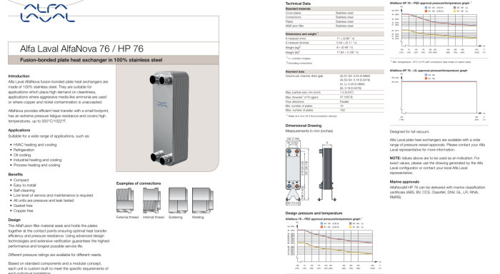 Teknisk datablad för Alfa Laval AlfaNova 76 värmeväxlare med skiss och specifikationer för användning i poolsystem.