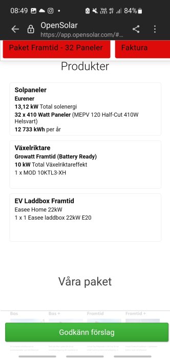 Skärmdump av solenergipaket med 32 solpaneler, växelriktare och EV laddbox från OpenSolar appen.