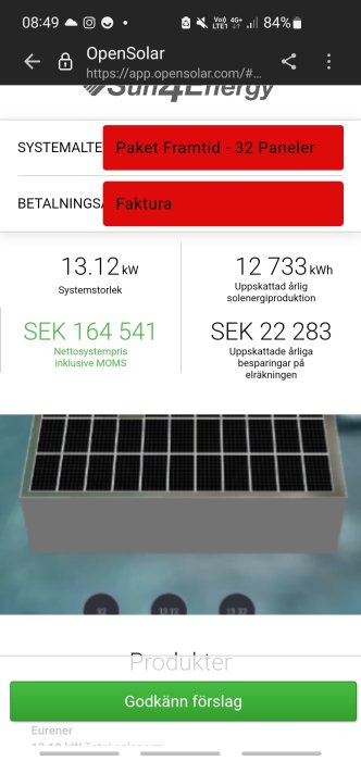 Skärmdump av solenergisystemerbjudande med pris, storlek och uppskattad besparing.