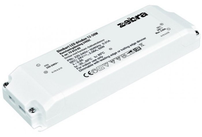 Ett vitt rektangulärt LED-drivdon märkt 'Zieldra', avsett för 24VDC, 50W belysningssystem.