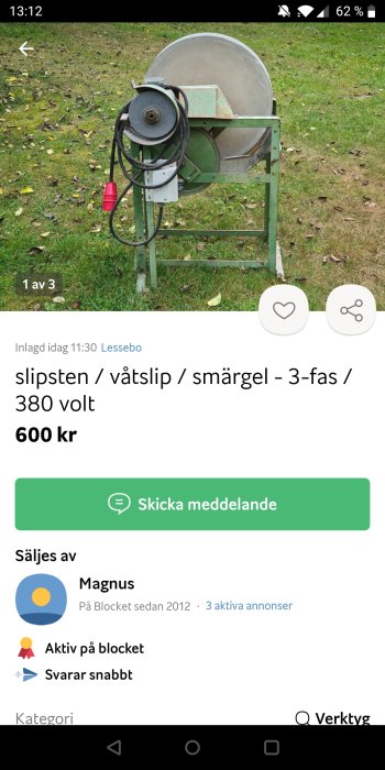 Slipsten eller våtslipmaskin med 3-fas anslutning och 380 volt i utomhusmiljö.