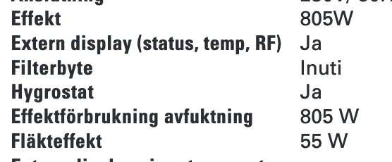 Specifikationstabell för en avfuktare med effektförbrukning 805W och fläkteffekt 55W.