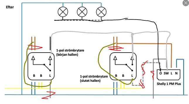 Elektrisk kopplingsschema för trappkoppling med markerade ledningar och komponenter såsom strömbrytare och Shelly 1 PM Plus.