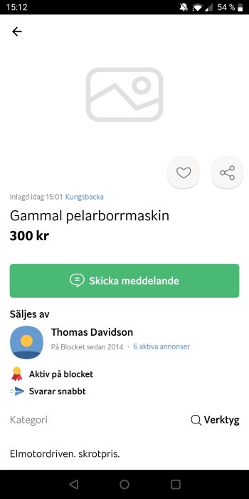 Platshållarbild för en annons med en gammal pelarborrmaskin till salu.