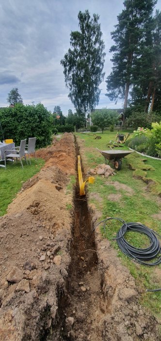 Nygrävd kabeldike i trädgård med kabelplank och n1xv kabel, grävare och skottkärra i bakgrunden.