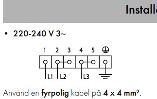 Schematisk illustration av en trefasanslutning med 220-240 V och anvisning om att använda en fyraledarekabel.