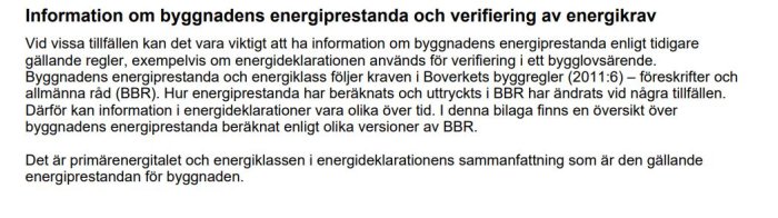 Textdokument om byggnadens energiprestanda och verifiering av energikrav.