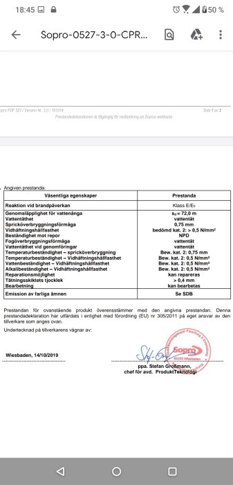 Skärmdump av prestandadeklaration med egenskaper och prestanda för tätskikt, inklusive reparerbarhet.