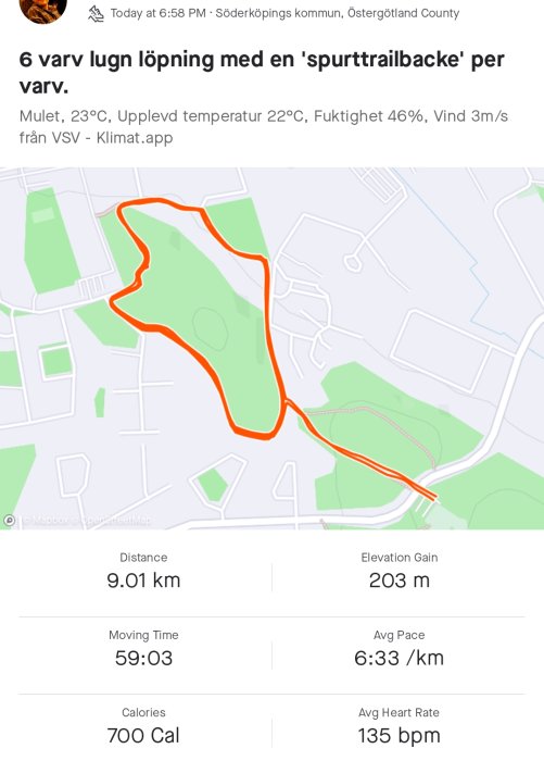 En skärmdump av en löprunda på kartapp som visar sträckan, höjd, tid, och pulsdata.