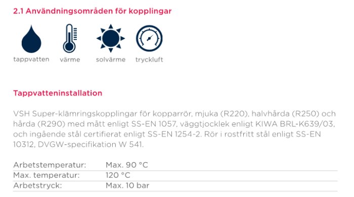 Diagram som visar användningsområden för kopplingar: tappvatten, värme, solvärme och tryckluft, med detaljer om VSH klämringkopplingar.