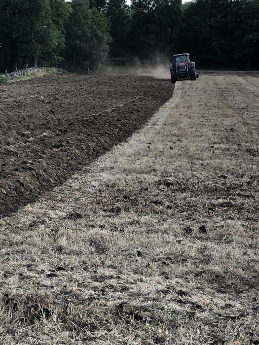 Traktor som plöjer en torr åker med synligt damm som reser sig i bakgrunden.