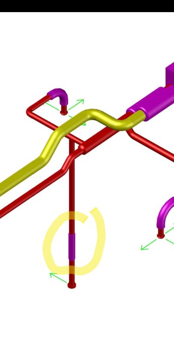 Färgglada 3D-modellerade ventilationsrör med vertikala och horisontella sektioner, visas med pilar som indikerar rörelsens riktning.