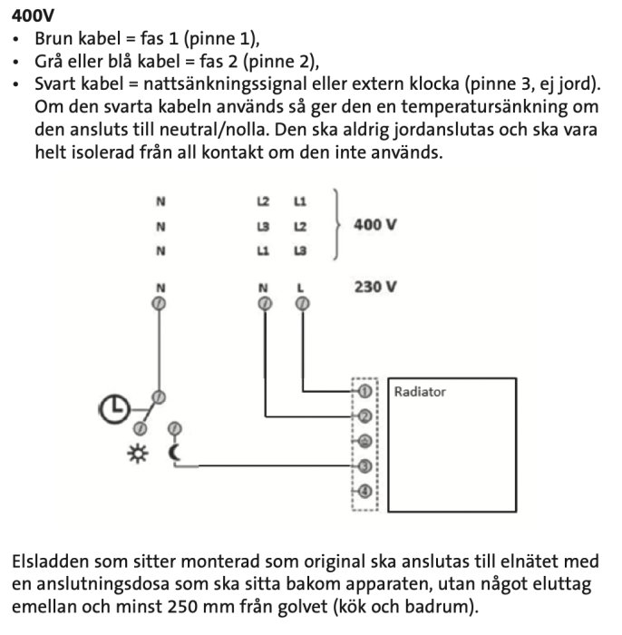 Elektrisk kopplingsschema som visar inkoppling av 400V LVI-element utan jordanslutning.