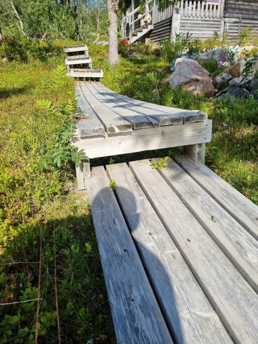 Trätrall i trädgård som leder upp till ett hus, omgiven av grönska och träd.