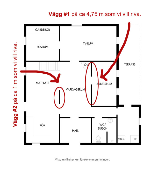 Ritning av en villa med markerade väggar för rivning, inklusive mått och rumsetiketter.