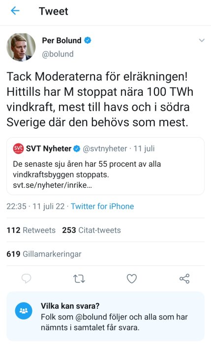 Skärmdump av tweet från Per Bolund kritiserande moderaterna för stoppade vindkraftsprojekt.