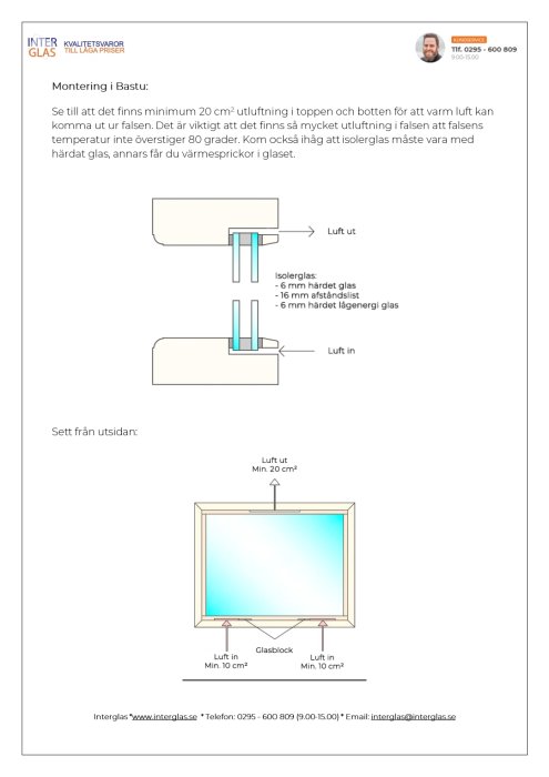 Diagram över montering av isolerglas i bastu, inklusive luftutlopp och luftintag, med markerade mått för ventilation.