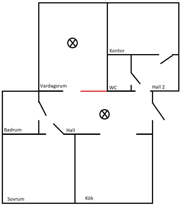 Enkel planritning av en bostad med rumsnamn och symboler för fönster.