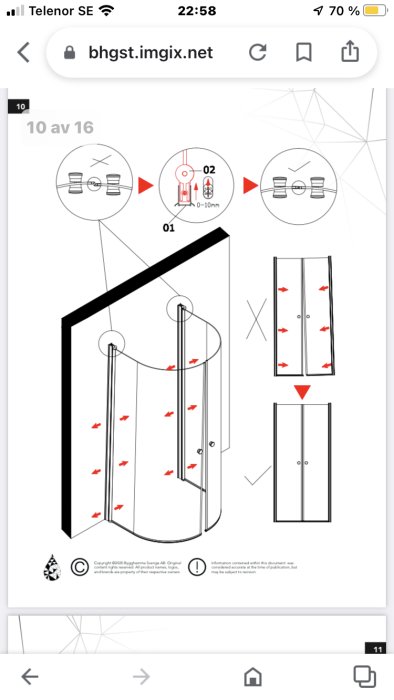 Illustration av duschväggsinstallation med detaljbilder av infästningar och inriktning av glaspaneler.