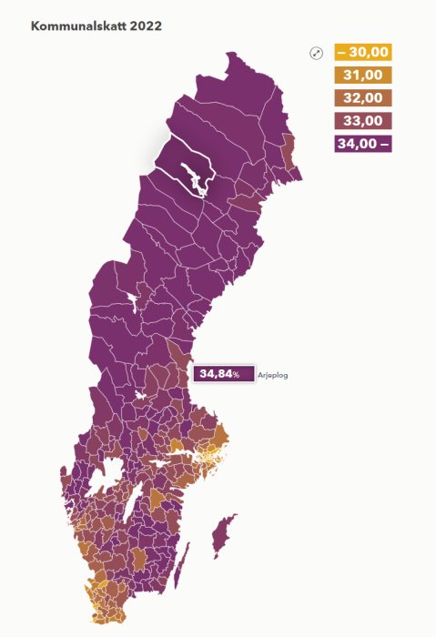 Karta över Sverige som visar kommunalskattesatserna för 2022 med färgkodning från ljusgult till mörklila.