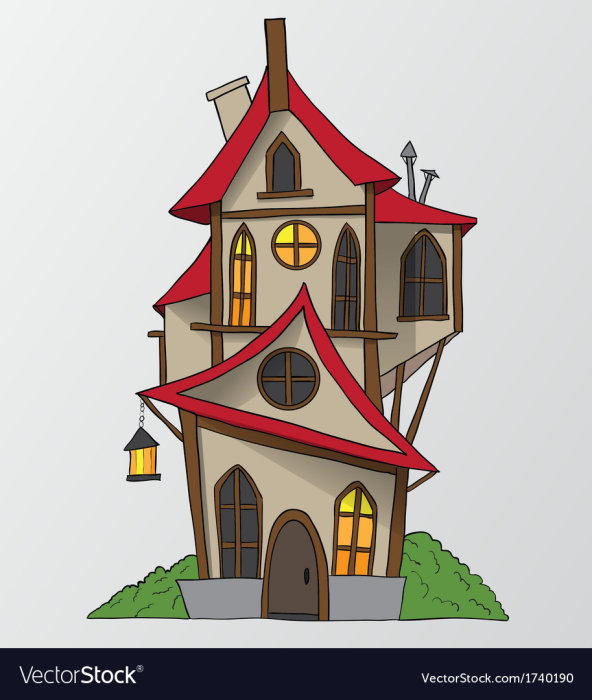 Tecknad bild av ett fantasifullt hus med röda tak, upplysta fönster och en lykta.