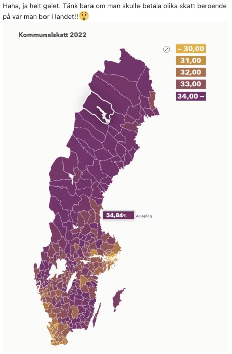 Karta över Sverige som visar kommunalskatten 2022 med olika nyanser av lila och en etikett för Arjeplog.