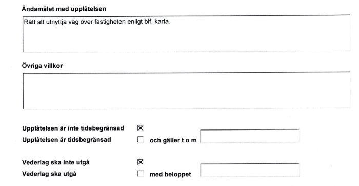 Dokument med text om upplåtelse av servitut, markerade kryssrutor för tidsbegränsning och ersättning.