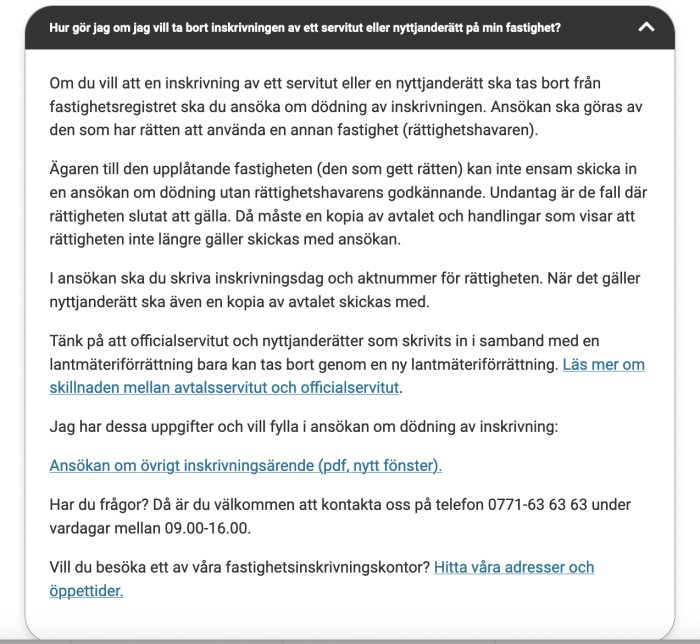 Skärmdump av en webbsida med information om hur man avslutar servitut eller nyttjanderätt på fastighet.