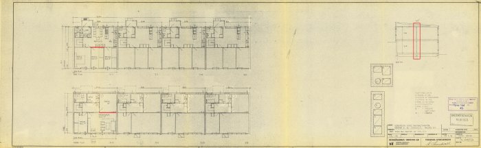 Gammal arkitektritning med våningsplan och sektion för byggnad, markerade detaljer och noteringar.