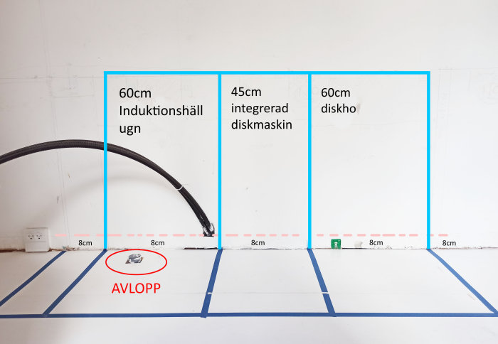 Markeringar på en vägg som visar planering för köksinstallation, inkluderar områden för spis, diskmaskin och diskho med avloppsposition.