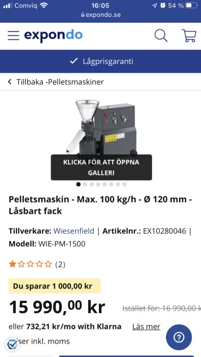 Pelletsmaskin från Wiesenfeld visad på en webshop med pris och specifikationer.