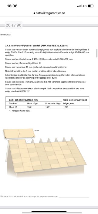 Schematisk bild på konstruktionsplywood monterad på takstolar, med måttangivelser för spik- och skruvavstånd.