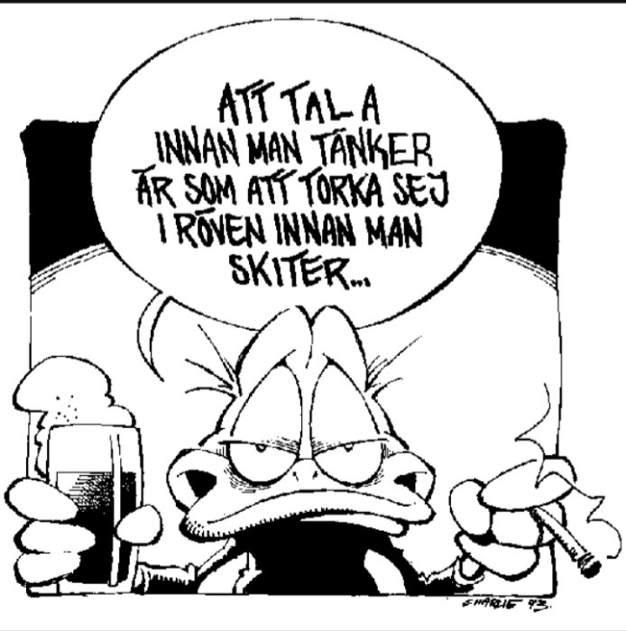 Svartvit tecknad bild av Arne Anka med en öl i handen, en pratbubbla ovanför med en text.