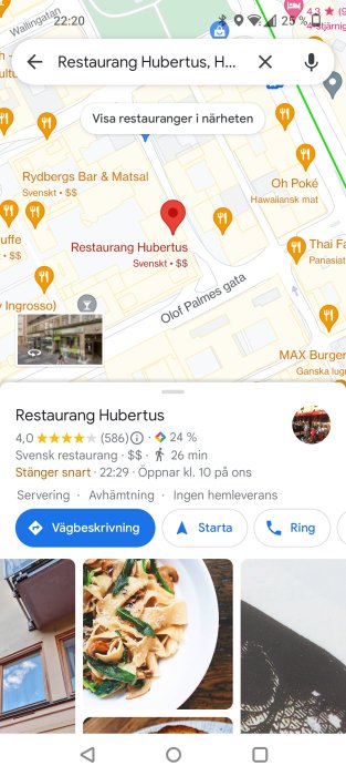 Skärmdump av Google Maps med markerad plats för Restaurang Hubertus och en bild av en pastarätt.