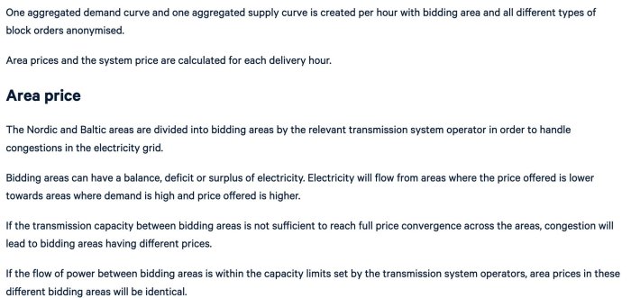 Skärmklipp av en text om elmarknadsområden, prisområden och överföringskapacitet i elnätet.