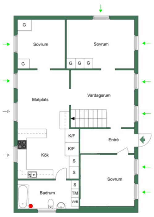 Planritning av en lägenhet med tre sovrum, kök, vardagsrum, badrum och matplats.