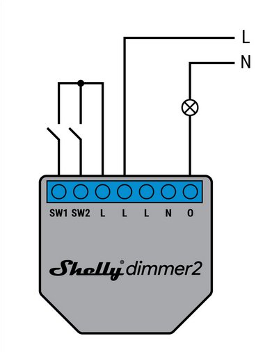 Schematisk illustration av en Shelly Dimmer 2 med anslutningar för brytare och ljuskälla.