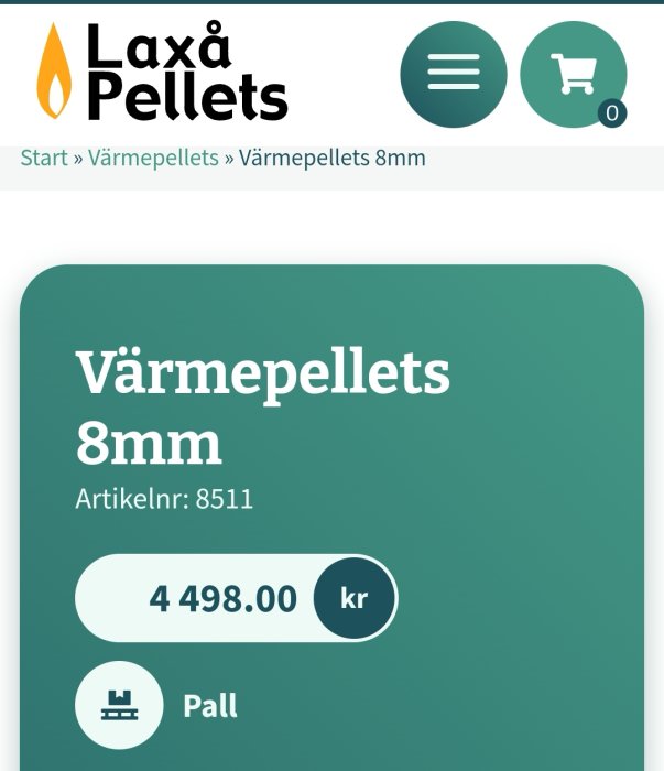 Skärmklipp från webbsida som visar pris för värmepelett 8mm för 4,498.00 kronor under namnet Laxå Pellets.