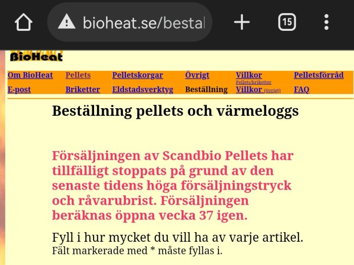 Skärmdump av webbsida med meddelande om tillfälligt stopp av Scandbio Pellets-försäljning på grund av högt försäljningstryck och råvarubrist.