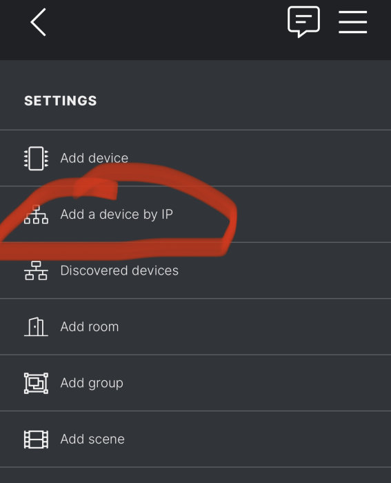 Mobilapp med markerat alternativ 'Add a device by IP' i inställningsmenyn.