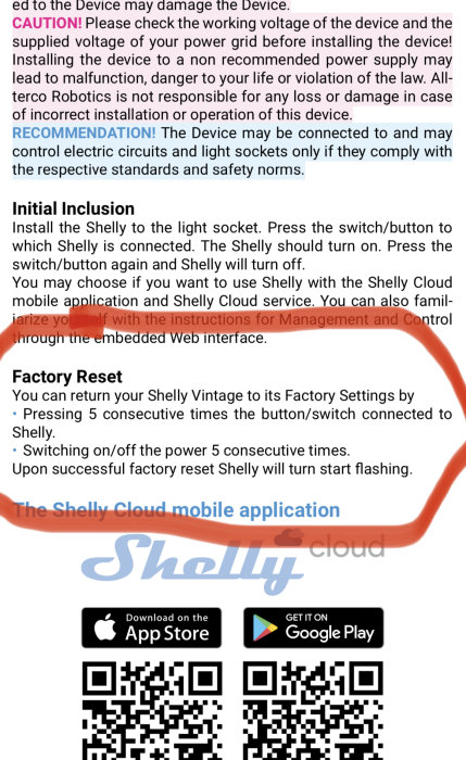 Instruktionsmanual för återställning av Shelly-enhet med QR-koder för att ladda ner mobila applikationer.